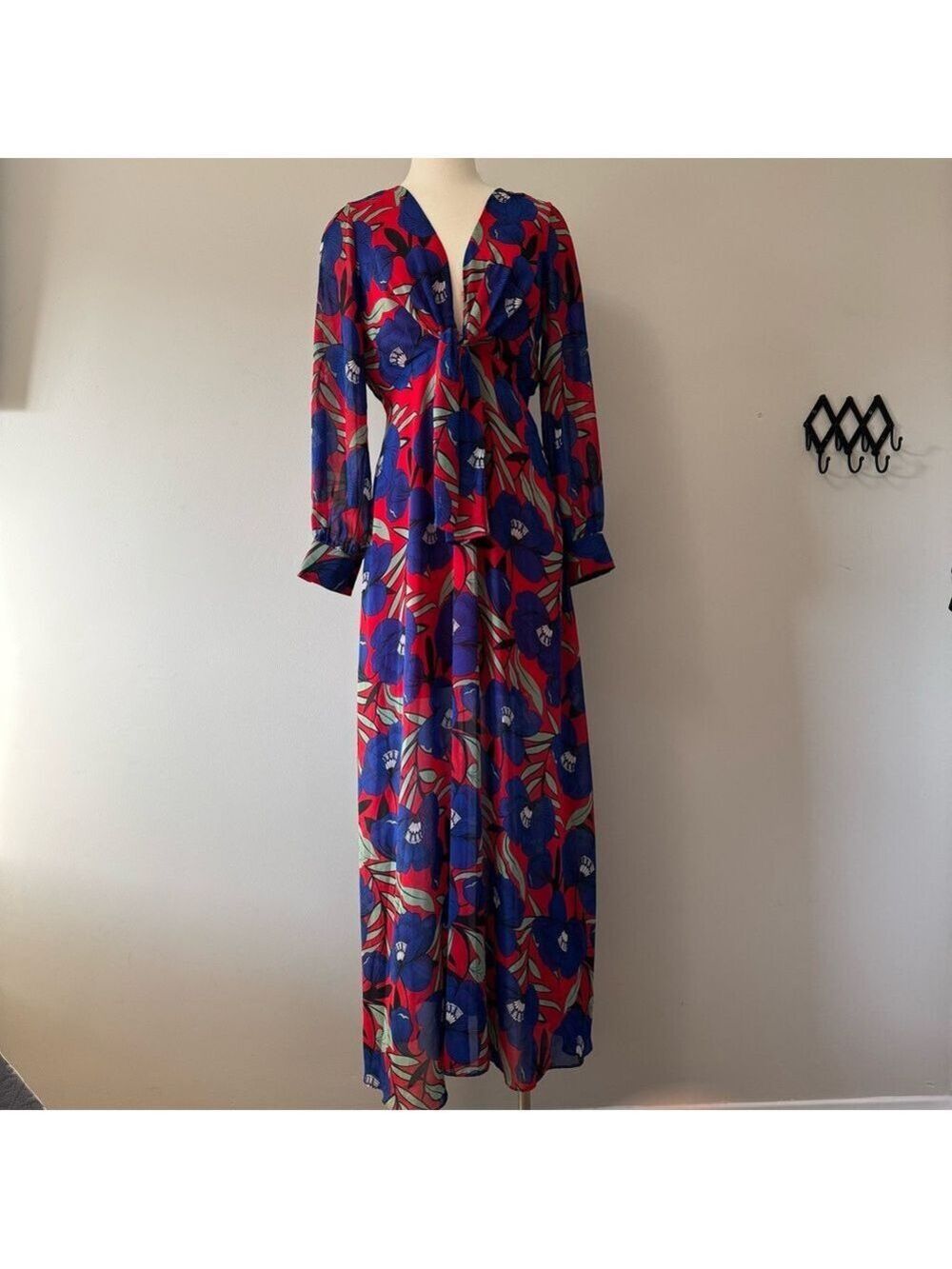 Aakaa Vibrant Blue and Red Floral Long Sleeve Dress Medium